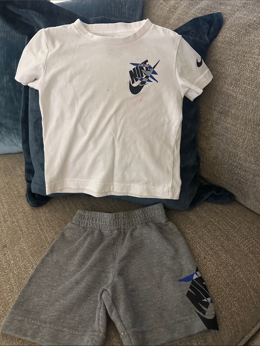 Nike White Tee and Gray Shorts Set with Blue Logo Accents